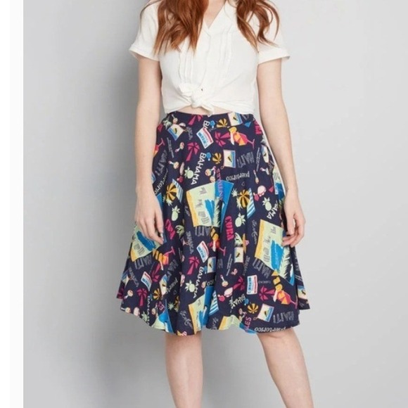 Modcloth Dresses & Skirts - ModCloth Navy Blue Tropical Caribbean Travel Postcard Print A-Line Skirt 2X